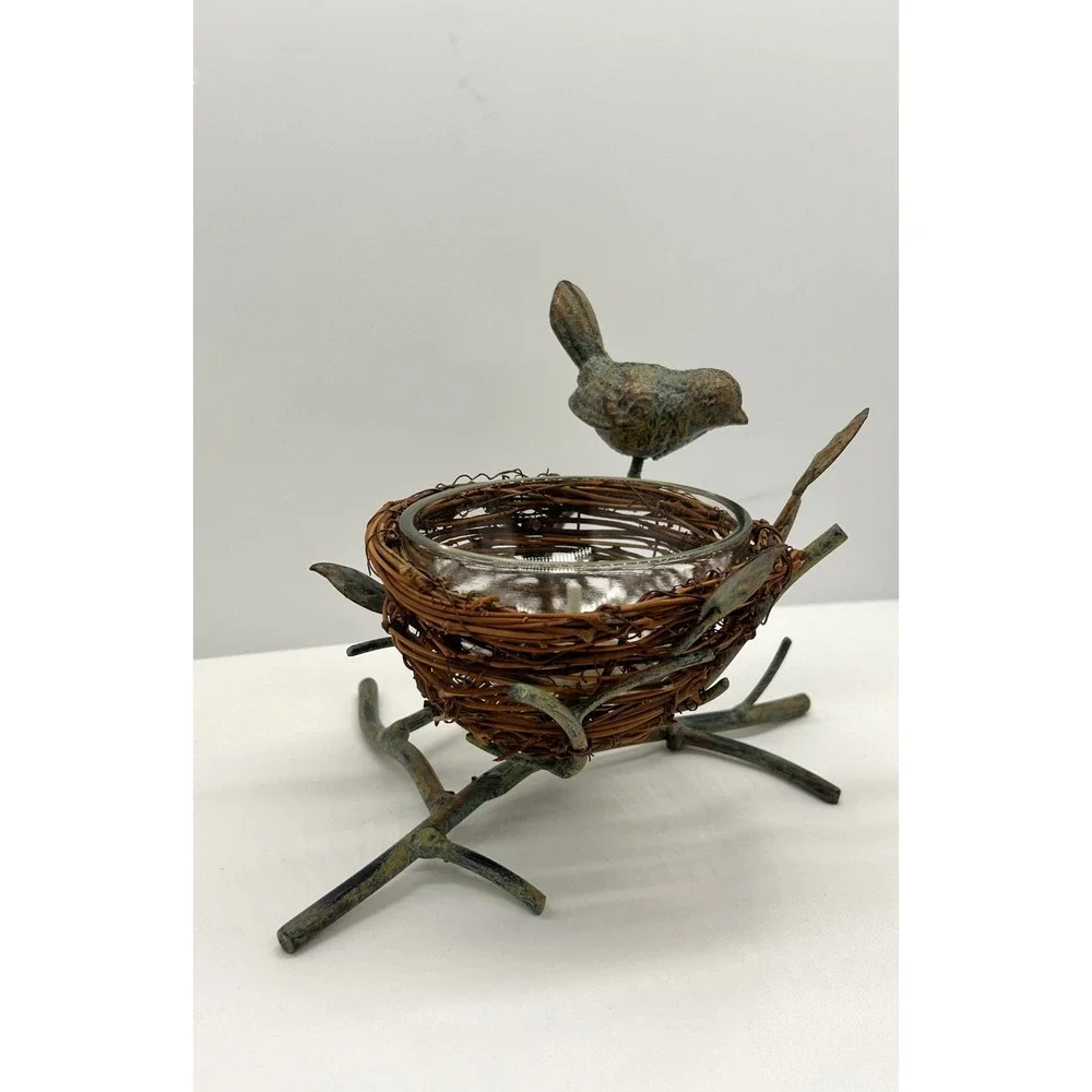 Rustic Bird Nest Tea Light Candle Holder Verdigris Metal Branch Votive Decor